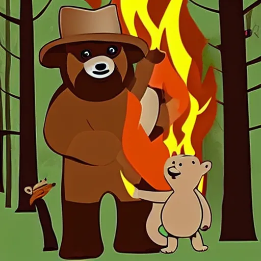 Image similar to smokey the bear watching his family being burnt alive in a forest fire