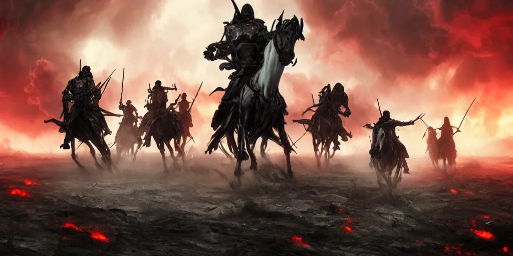 Image similar to ”five horsemen of the apocalypse riding skeleton horses towards the camera and holding up empty signs, [epic, cinematic, scary, intimidating, horror, war, battle, hell, storm clouds, lightning, octane render, 8k, mattepainting, art by wlop and paul lehr and greg rutkowski]”