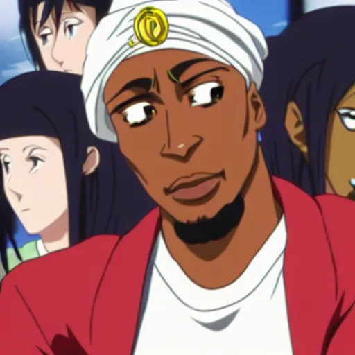 Image similar to Tupac Shakur, screenshot from a 2012s anime