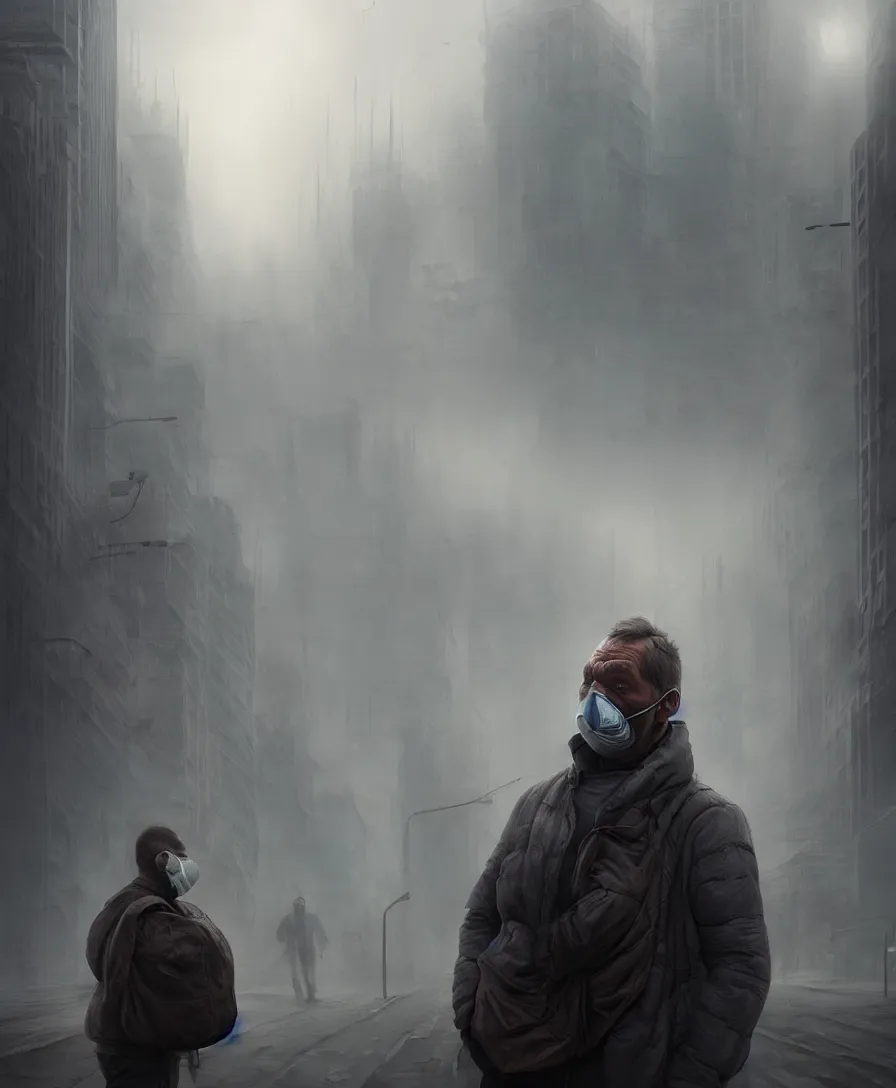 Prompt: a man suffering due to high air pollution in future, concept art, digital painting, cinematic lightening, people are wearing masks, wide angle shot, in the style of greg rutwoski, very hyper realistic, highly detailed, fantasy art station