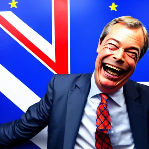 Image similar to nigel farage laughing and holding a burning eu flag, studio photograph, hd, studio