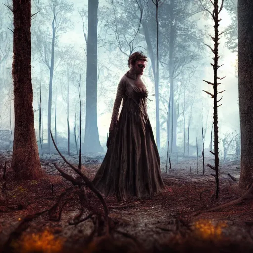 Prompt: A highly detailed matte painting of a Fae noblewoman in a burnt forest, octane render, 4K resolution, masterpiece