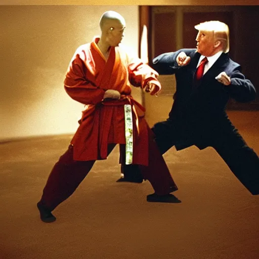 Prompt: film still from The 36th Chamber of Shaolin, Master Donald Trump fights Obama Killer