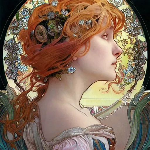 Prompt: realistic detailed face profile portrait of the beautiful young Queen of Precious Stones with rough crystal point clusters growing out of her hair by Alphonse Mucha, Ayami Kojima, Amano, Charlie Bowater, Karol Bak, Greg Hildebrandt, Jean Delville, and Mark Brooks, Art Nouveau, Neo-Gothic, gothic, rich deep moody colors