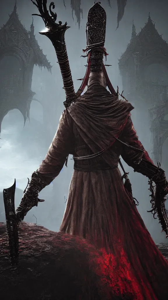 Prompt: bloodborne, sword, beksinski, greg rutkowski, cinematic, unreal engine, red, blood, epic, golden ratio, cosmic horror, realistic, high quality, photorealistic. realistic, 8 k octanerender.