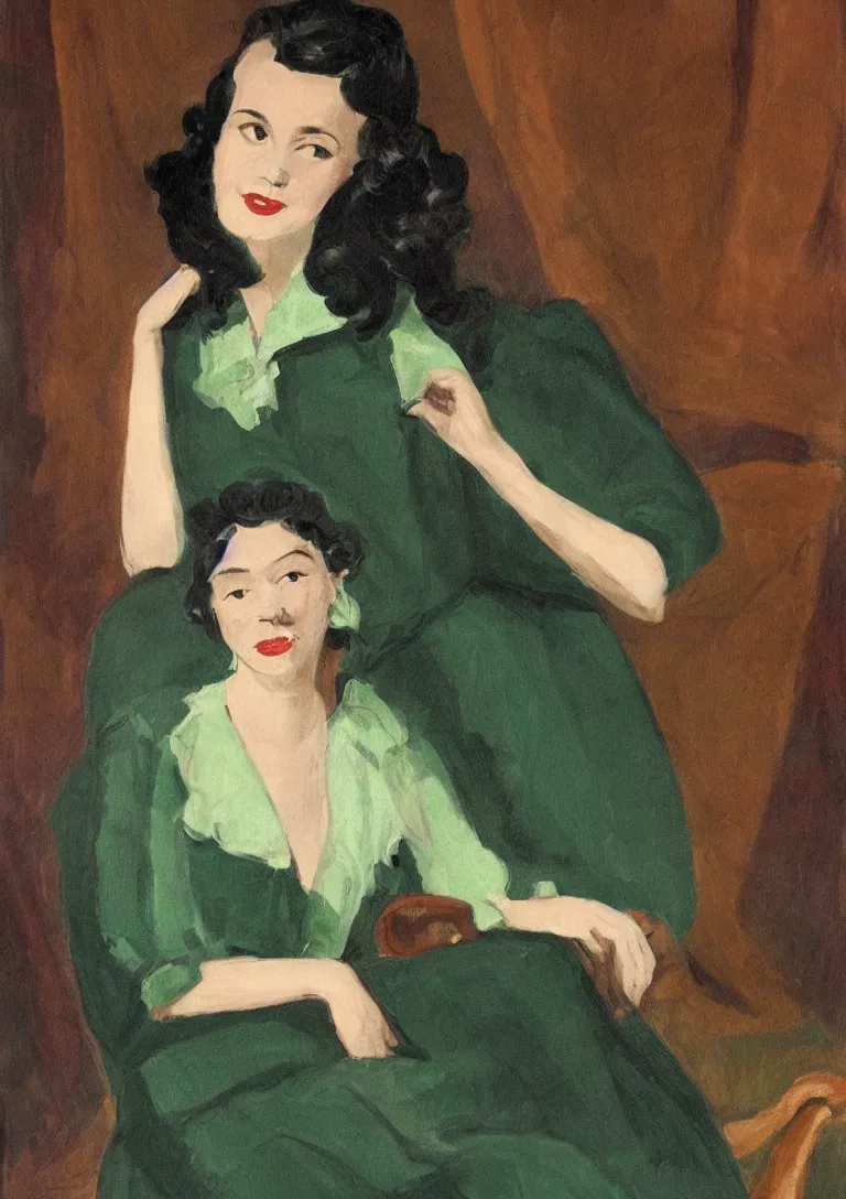 Image similar to a portrait of a young woman from the fifties, seated in front of a landscape background, her black hair is a long curly, she wears a dark green dress pleated in the front with yellow sleeves, puts her right hand on her left hand, mannerism