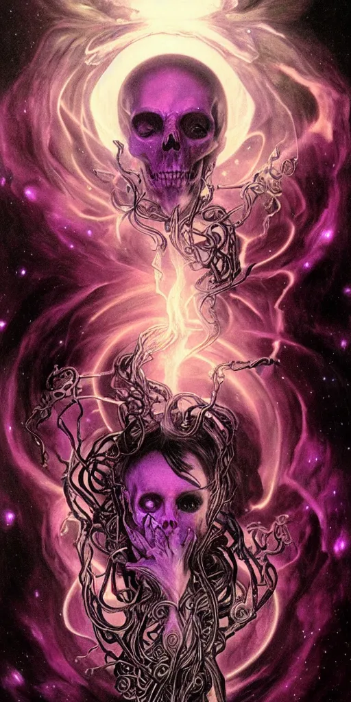 Image similar to intense glowing black metal pagan god with tentacles and intense black eyes with a skull in very dark purple cosmic space nebula by artgerm and alphonse mucha and beksinski, portrait, fantasy, clear, light beams, lens flare, soft, uhd, amazing depth, cinematic lighting, violet and red and black and white and metallic silver