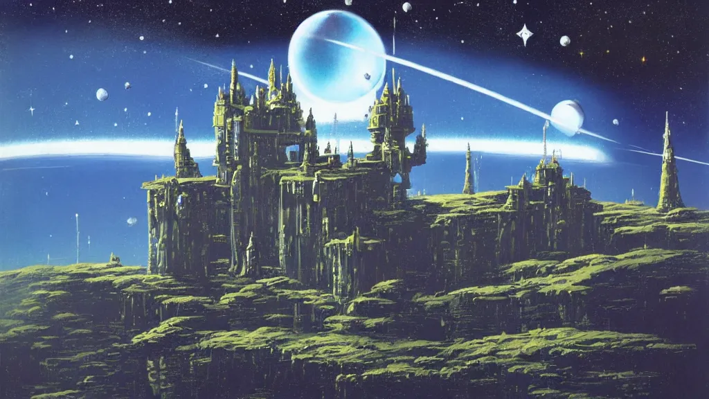 Image similar to a castle in outer space in the style of chris foss and rodger dean