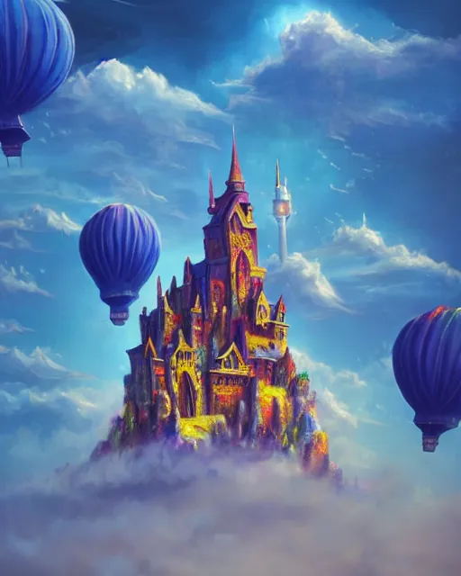 Image similar to flying cloud castle, buildings, baloons, atmosphere, glow, detailed, full of colour, cinematic lighting, trending on artstation, 4 k, hyperrealistic, extreme details, bright, blue sky, cloudy, fantasy, masterpiece, art by wylie beckert