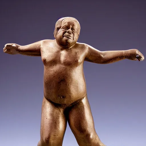 Prompt: an ancient statuette of a dancing danny devito, beautiful, priceless, studio photography