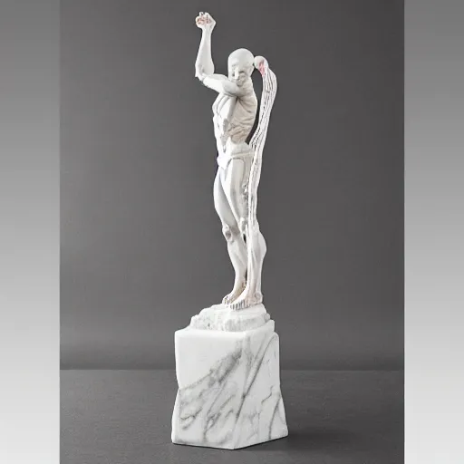 Image similar to spiderman greek marble statue, web sling, marble statue, white highly detailed