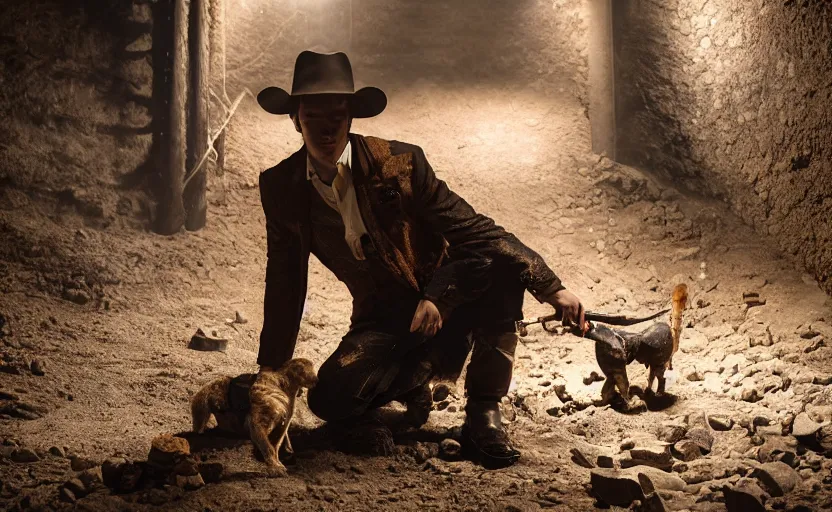 Image similar to a dirty golden retriever finding many large gold nugget piles in a dark mine and wearing a black western hat and jacket, dim moody lighting, wooden supports and wall torches and pick axes, cinematic style photograph