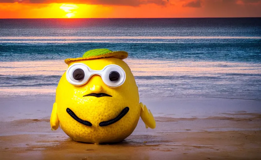 Image similar to 5 0 mm photograph, of a real anthropomorphic lemon character, unique style, with lemon skin texture, it is wearing a hat and scuba diving, building a sandcastle on the beach at sunset, beach, huge waves, sun, clouds, tropical trees, rim light, cinematic photography, professional, sand, sandcastle, volumetric lightening