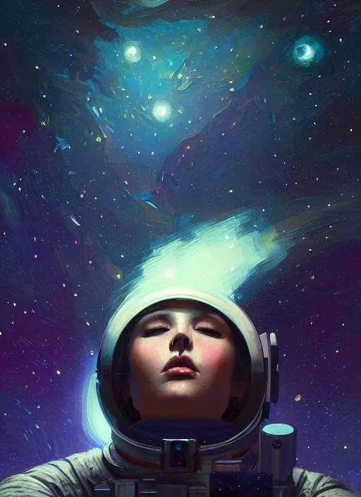 Prompt: an giant face in space, stars, glowing, space, dark, beautiful, fine details. night setting. realistic shaded lighting poster by craig mullism, artgerm, jeremy lipkin and michael garmash, unreal engine, radiant light, detailed and intricate environment, digital art, trending on art station,