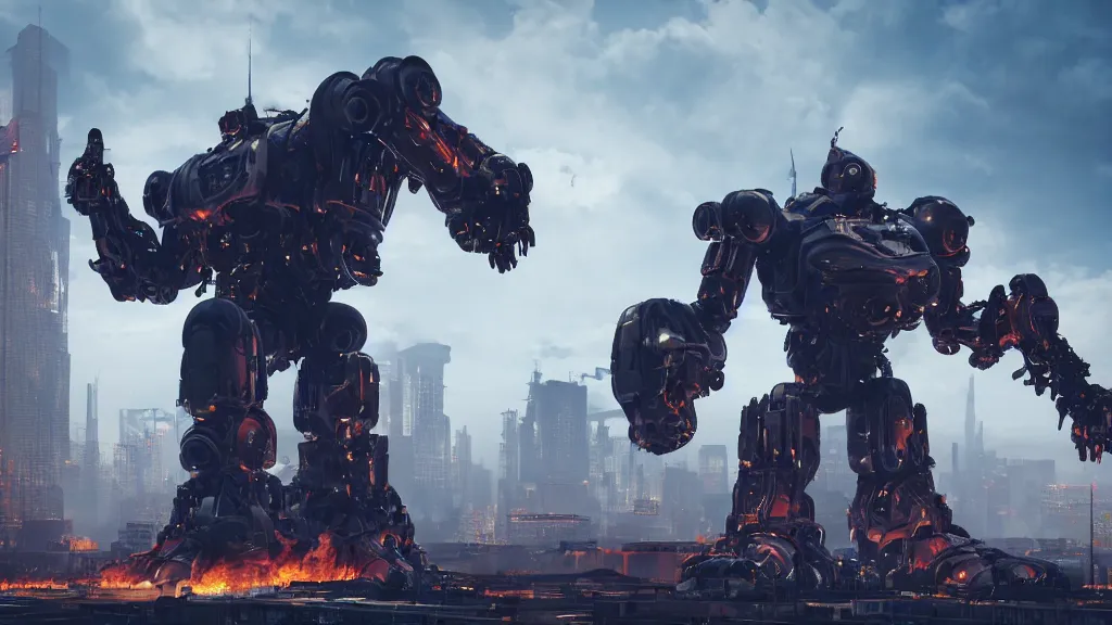 Prompt: a giant mechanical robot in profile looms over a megacity, background explosions and fire, rule of thirds, rendered in octane, rendered in Corona, rendered in vray, rendered in Arnold, insanely detailed, photorealistic, cinematic, global illumination, no grain