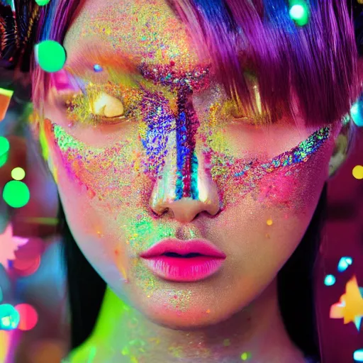 Image similar to japanese model with maximalist hair style and makeup, bright colors, fashion model, portrait shot, glitter, depth of field, 8 k, hyper detailed, intricate, trending on artstation