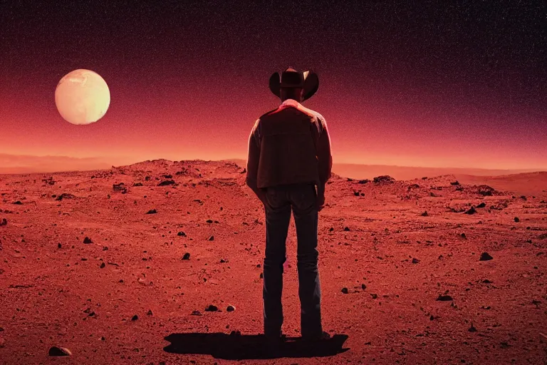Image similar to old western cowboy with hand on hip on posing to camera on mars, distant background, red lighting, ominous, moonlight, bokeh, depth of field, synthwave, psychedelic, glitch, acrylic, flooko, detailed, cybernetic, sci-fi, glows,