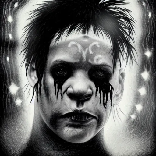 Image similar to stunning portrait of gaunt glenn danzig a ( the cure fan ) as dream from sandman, dim stars as eyes, by jeremy mann, by cedric peyravernay, by by russ mills, by richard avedon and ben templesmith, dramatic lightning, sadness, dark eye sockets, in the shadows, punk rock, gothic, high detailed, 8 k