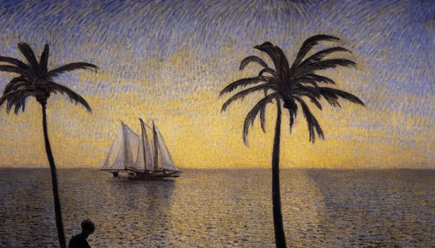 Image similar to a ultradetailed beautiful painting of the night sky of the amazonas golden white palace balustrade designed by jules bastien - lepage, tarsila do amaral, frank weston and gustave baumann, beach, trending on artstation, mediterranean, palm trees, sharp focus, sail boats, soft light, 8 k 4 k