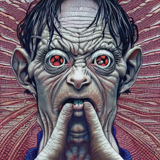 Image similar to portrait of crazy gollum, symmetrical, by yoichi hatakenaka, masamune shirow, josan gonzales and dan mumford, ayami kojima, takato yamamoto, barclay shaw, karol bak, yukito kishiro