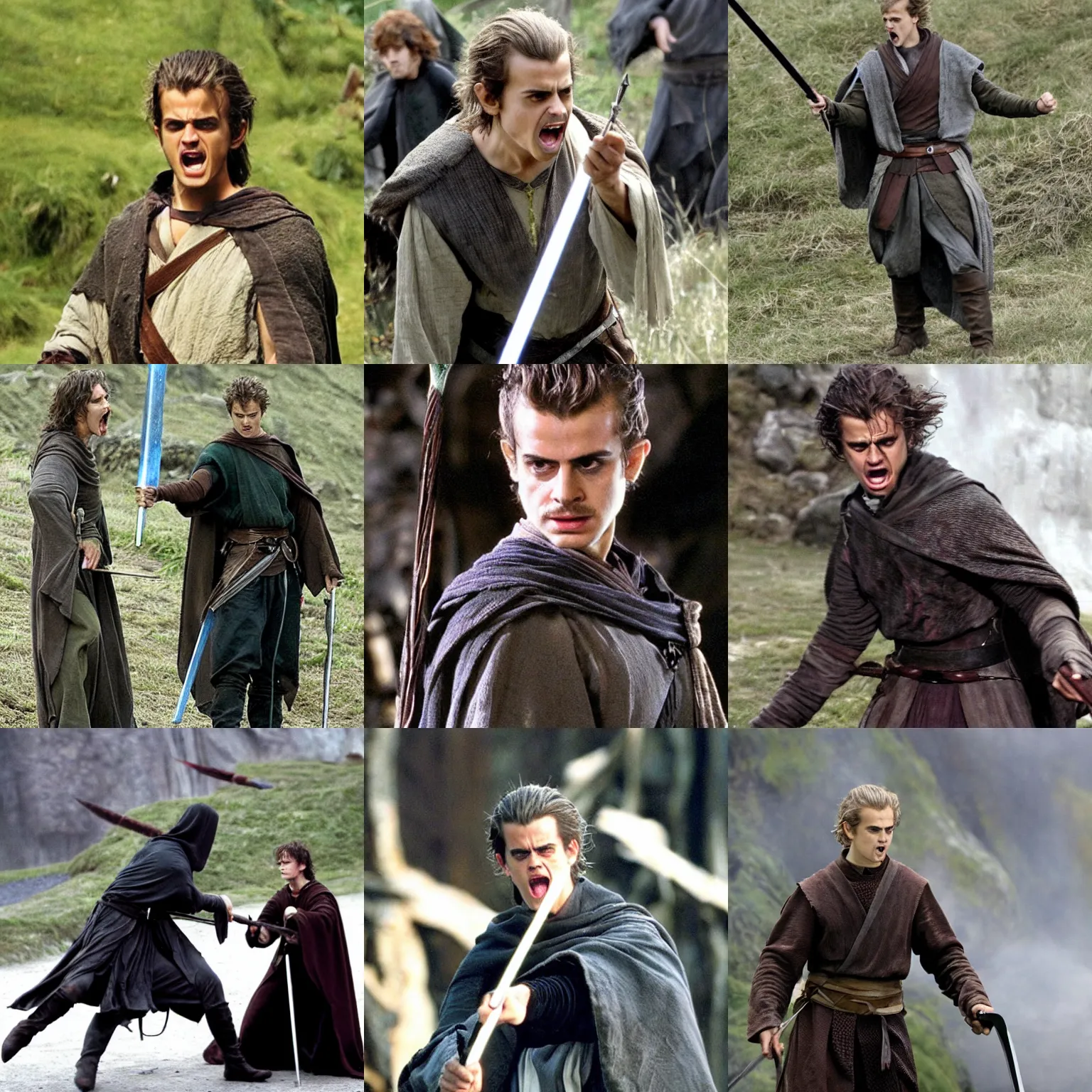 Prompt: very angry and mad hayden christensen on the set of lord of the rings