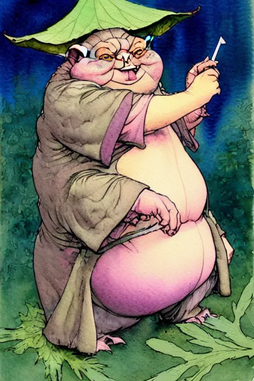 Prompt: a realistic and atmospheric watercolour fantasy character concept art portrait of a fat yoda with pink eyes smiling and holding a blunt with a pot leaf nearby, by rebecca guay, michael kaluta, charles vess and jean moebius giraud