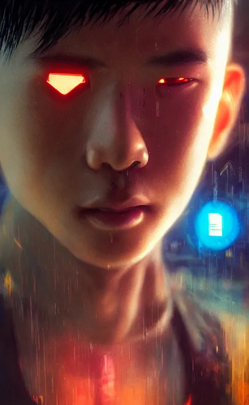 Prompt: an intricate, detailed face of a asian boy, skin made of electronic glowing circuits with laserbeams transporting energy, ferrofluids in background, unreal engine, trending on artstation, bladerunner 2049, by John Berkey