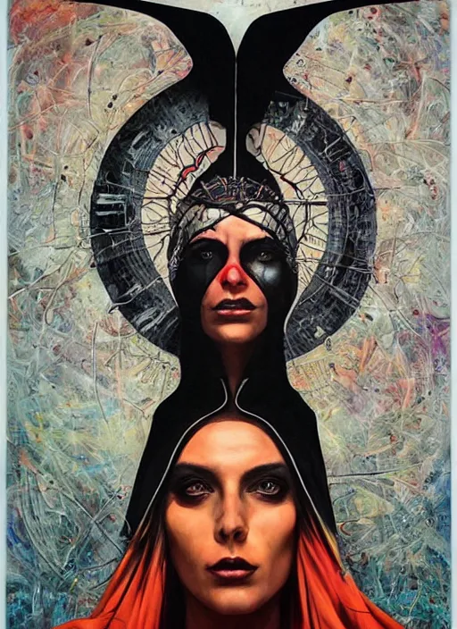 Prompt: powerful tripping cult magic psychic woman, subjective consciousness psychedelic, epic surrealism expressionism symbolism story iconic, dark robed witch, oil painting, robe, symmetrical face, greek dark myth, by Sandra Chevrier, Gerald Brom masterpiece