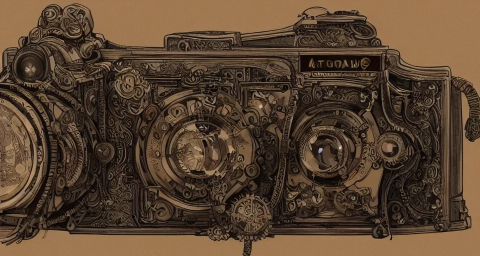 Image similar to A beautiful artwork illustration, extremely detailed and advanced steampunk-themed camera , featured on artstation, wide angle, horizontal orientation