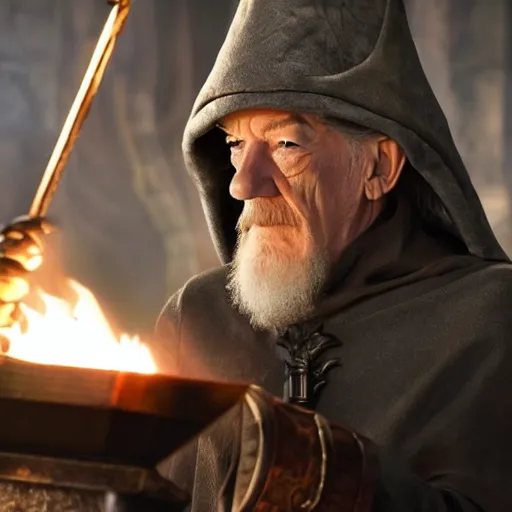 Image similar to the evil ian mckellen smithing on an anvil as gandalf in a dark viking hood playing odin all father crafting a neural network with golden synapses on an anvil with fire, highly detailed, cinematic shot, cinematic lighting, 8 k, exquisit facial detail