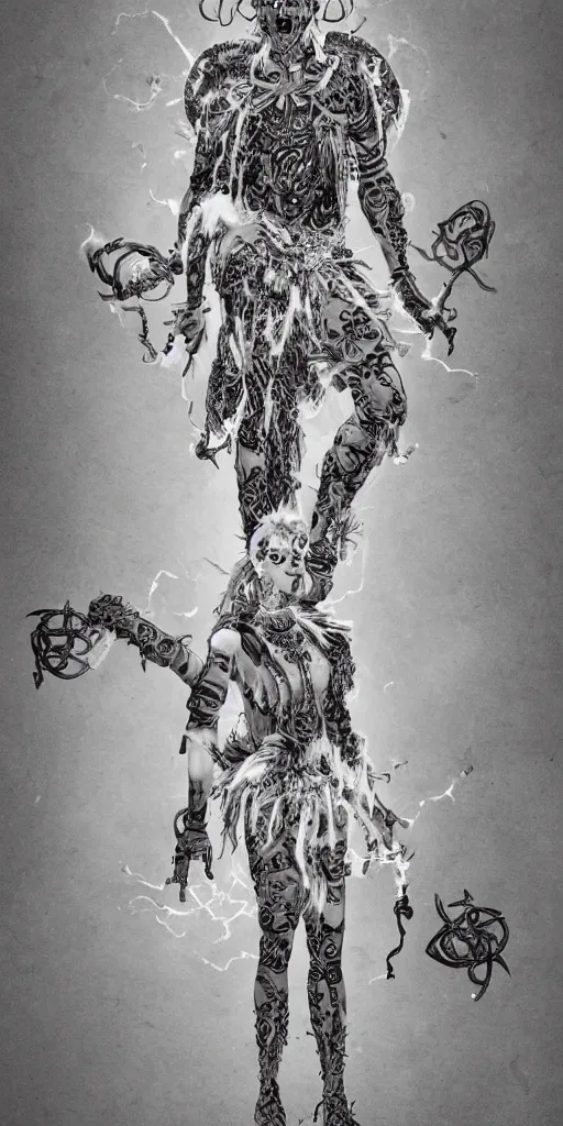 Image similar to full body and head , spiked black hair character design of realistic asian Sumerian Death Goddess ivory skin runic icons + mystical symbols, with small bleached bones covering vest and flowing electricity and smoke , fantasy, intricate, elegant, highly detailed, artstation, ,photoreal, ghostbusters , peter mordenbacher,Mike Winkelmann, ultra realistic, intricate, epic lighting, 8k resolution, unreal engine 5, ultraviolet colors