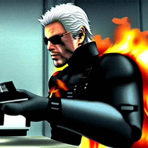 Image similar to drebin metal gear solid trying to build a desktop computer on fire, close up