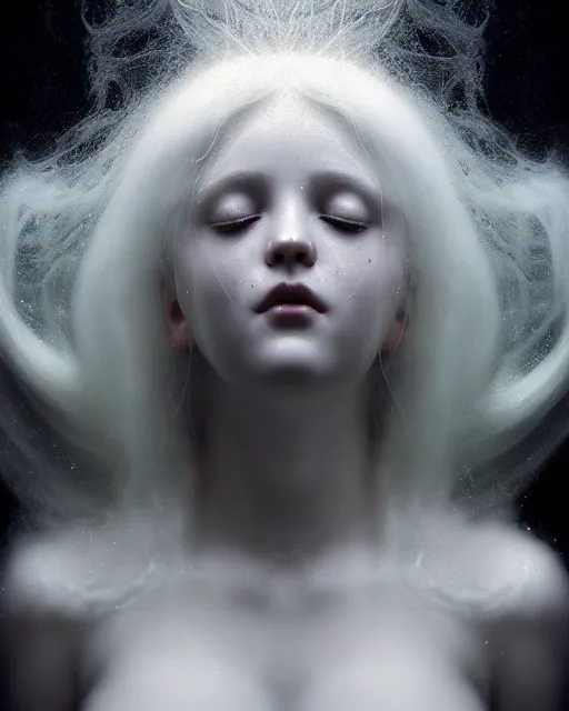 Image similar to soft, dreamy, subsurface scattering, white, young beautiful goddess in cosmos with very long white hair floating in air, fluid smoke art, black and white, octane render, dino valls, mark ryden, joe fenton, michal karcz, highly detailed, rim light, art, cinematic lighting, very coherent, hyper realism, 8 k