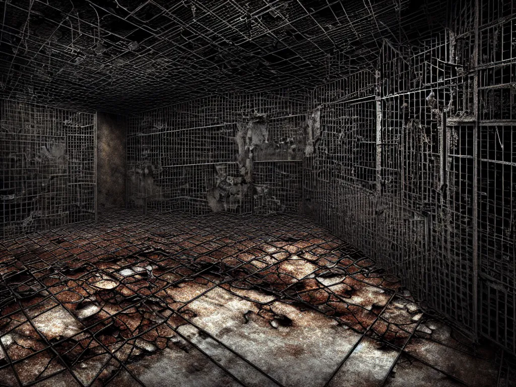Prompt: An underground very dark macabre multi-layered structure of rusty thick iron grids, dense chain-link fencing and peeling walls with multiple floors. Inside view, collapsed floors, bent rusted iron, masterpiece, black background, layers, corners, cinematic, hyperdetailed, photorealistic, hyperrealism, octane rendering, 8k, depth of field, bokeh, architecture, shadows, art by Zdzisław Beksiński, Arthur Rackham, Dariusz Zawadzki