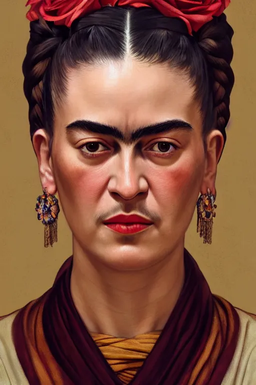 Image similar to ultra realistic illustration, frida kahlo, staring directly into camera, intricate, elegant, highly detailed, digital painting, artstation, concept art, smooth, sharp focus, illustration, art by artgerm and greg rutkowski and alphonse mucha