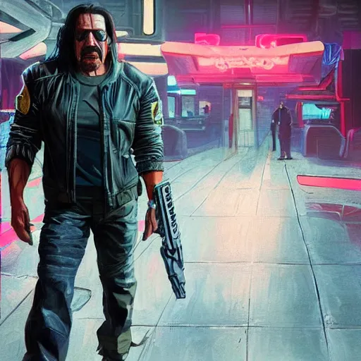 Prompt: danny trejo in cyberpunk 2 0 7 7, concept art by marthe jonkers