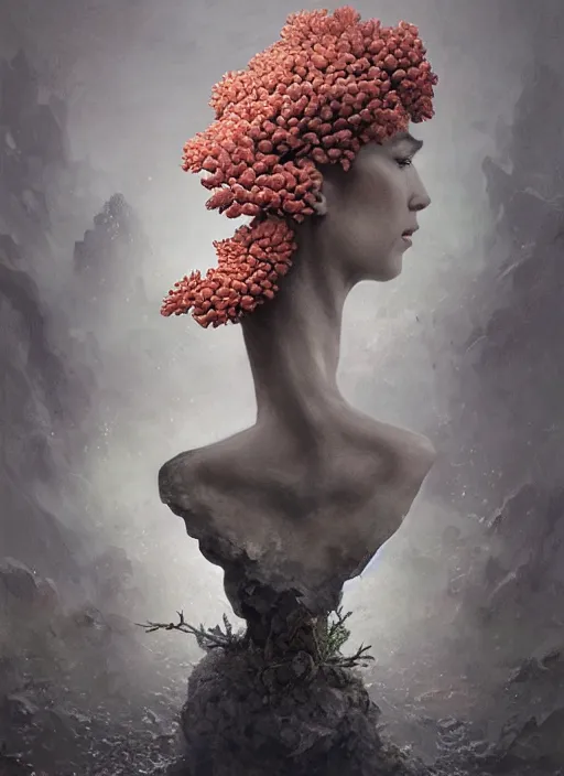 Prompt: bust, technology vs nature, split in half, falling out of the face, coral, the truly amazing part about this is that it increasingly appears our cortical evolution reflects this emergent tension, photorealistic by michael komarck, greg rutkowski, victo ngai, artgerm, willem claesz heda and j. dickenson