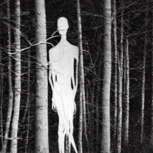 Prompt: a smudged, scratched, grainy and blurry photograph showing the whole body of a slender man dynamically and frenetically moving in a dark room. his dance is wild and unpredictable. in the creepy woods, night time, flash lights.