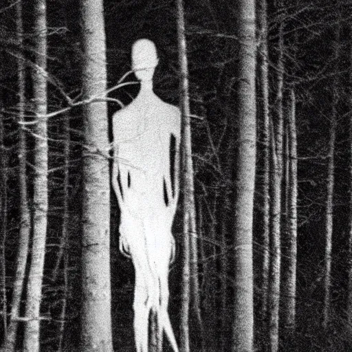 Image similar to a smudged, scratched, grainy and blurry photograph showing the whole body of a slender man dynamically and frenetically moving in a dark room. his dance is wild and unpredictable. in the creepy woods, night time, flash lights.