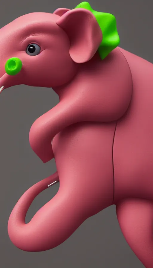 Image similar to A pink elephant with a piercing in his trunk wearing a orange green mohawk and a leather jacket on which a mouse is printed. perfectly-centered-photograph of a pink elephant, film still, dynamic action pose, insane detail, intricate, highly detailed, Zeiss Lens, DSLR photography, smooth, sharp focus, Unreal Engine 5, Octane Render, Redshift, 8K