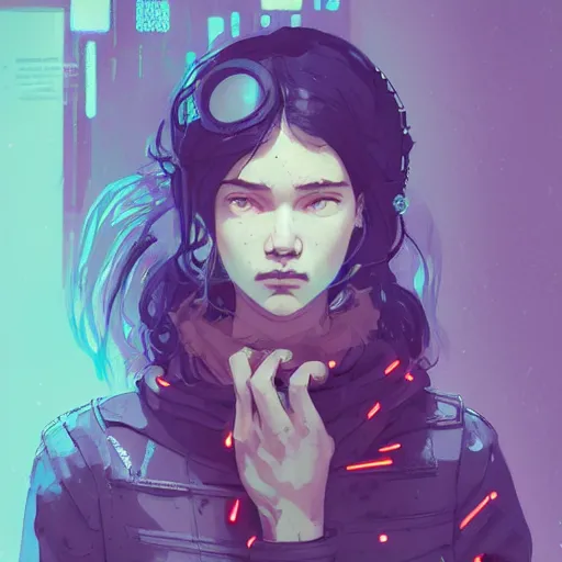 Image similar to Highly detailed portrait of a cyberpunk young lady with, freckles and wavy hair by Atey Ghailan, by Loish, by Bryan Lee O'Malley, by Cliff Chiang, by Greg Rutkowski, inspired by image comics, inspired by graphic novel cover art, inspired by nier!! Gradient color scheme ((grafitti tag brick wall background)), trending on artstation