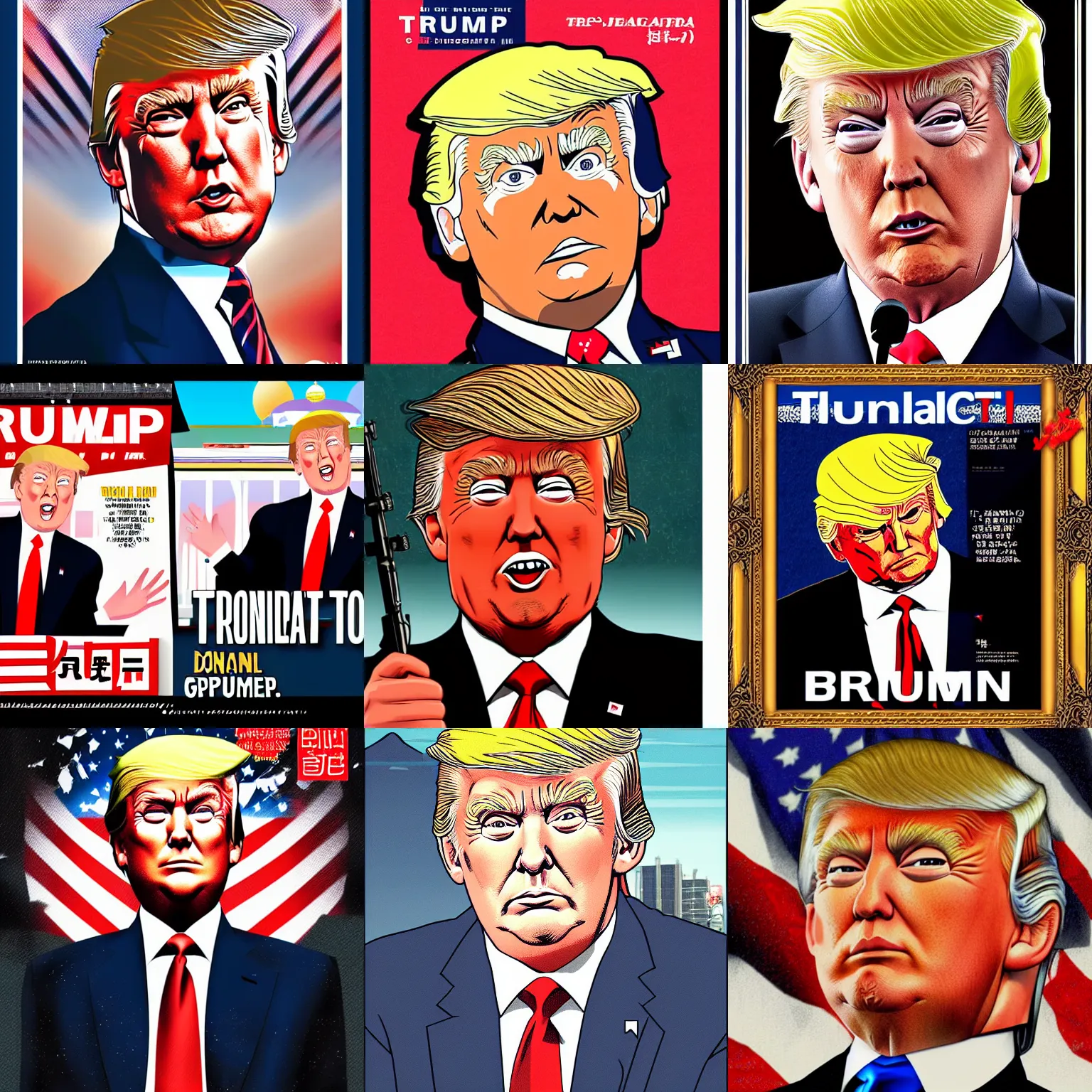 Prompt: Donald John Trump portrait, Japan comic magazine illustration, cinematic shot