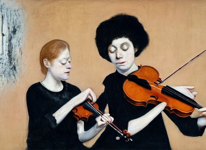 Image similar to portrait of two young violin players getting ready to perform looking here, francis bacon and pat steir and hilma af klint and james jean, psychological, photorealistic, intriguing details, rendered in octane, altermodern
