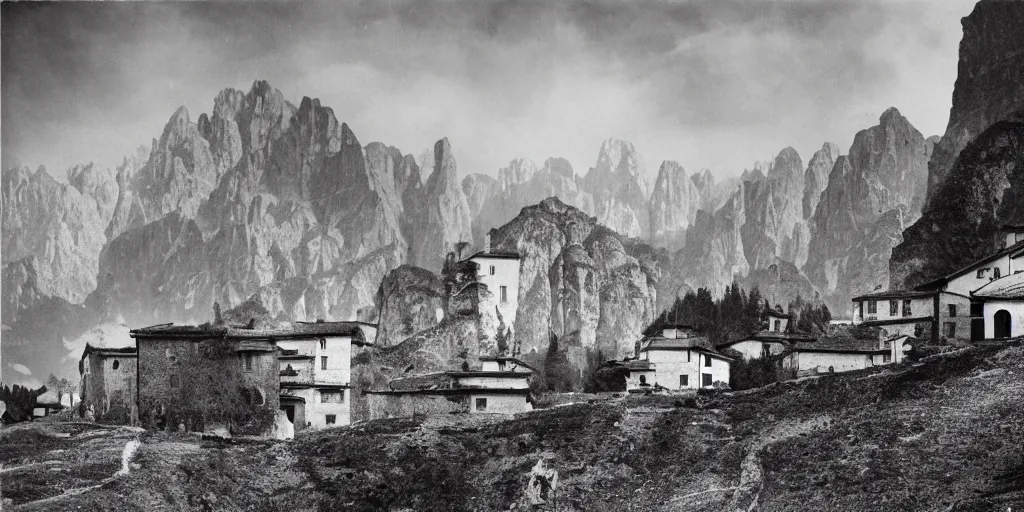 Image similar to 1920s photography of an isolated old village with ghostly wood buildings in the dolomites