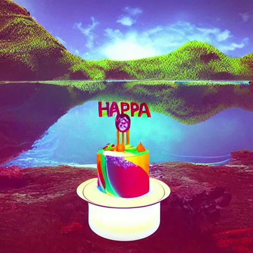 Image similar to “ a birthday cake in a lush landscape by Beeple”