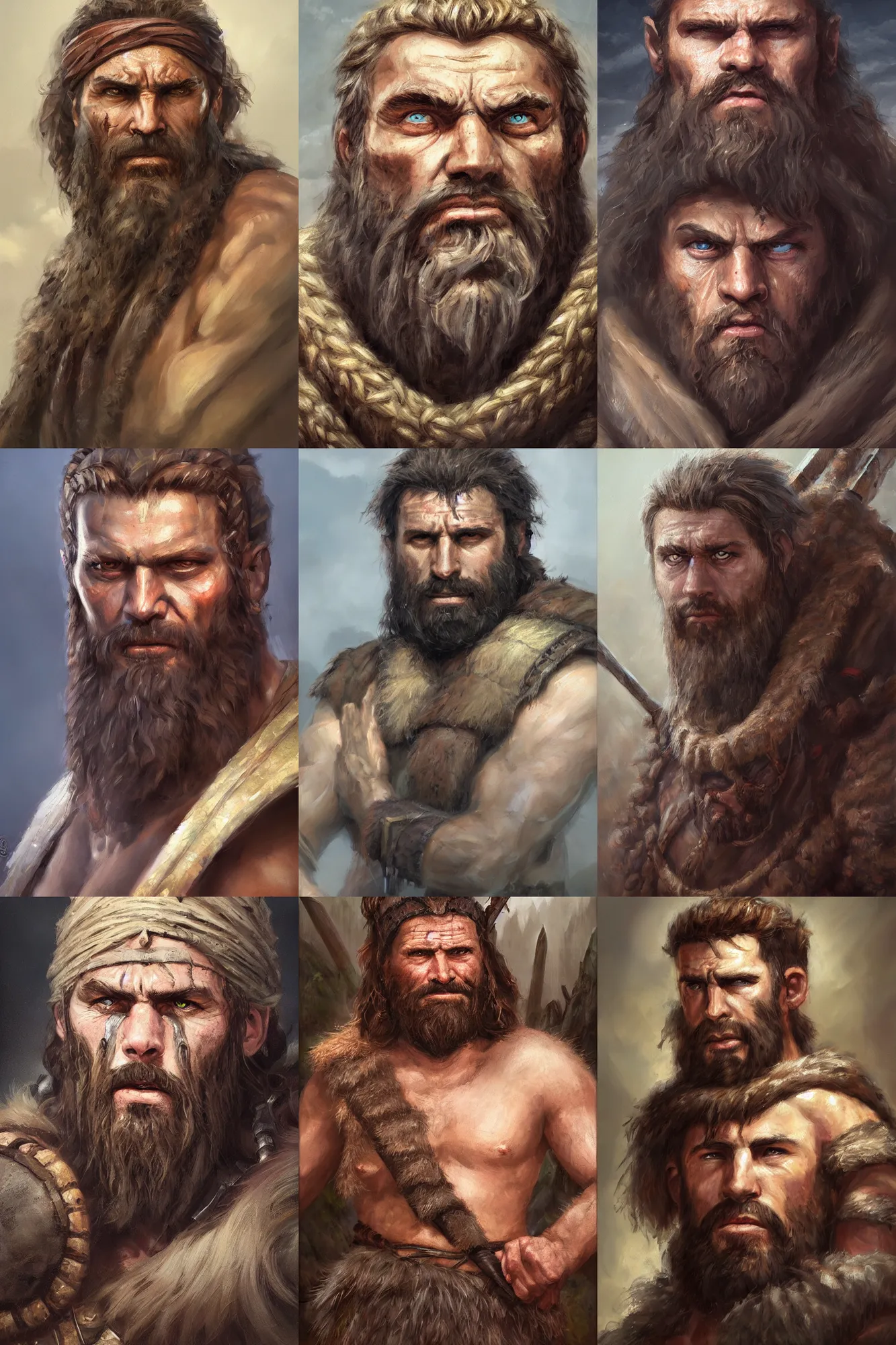 Prompt: a full view fantasy portrait oil painting illustration of a single rugged stoic barbarian man by Justin Sweet with face and body clearly visible, d&d, rpg, forgotten realms, artstation trending, high quality, sombre mood, artstation trending, muted colours, no crop, entire character!,