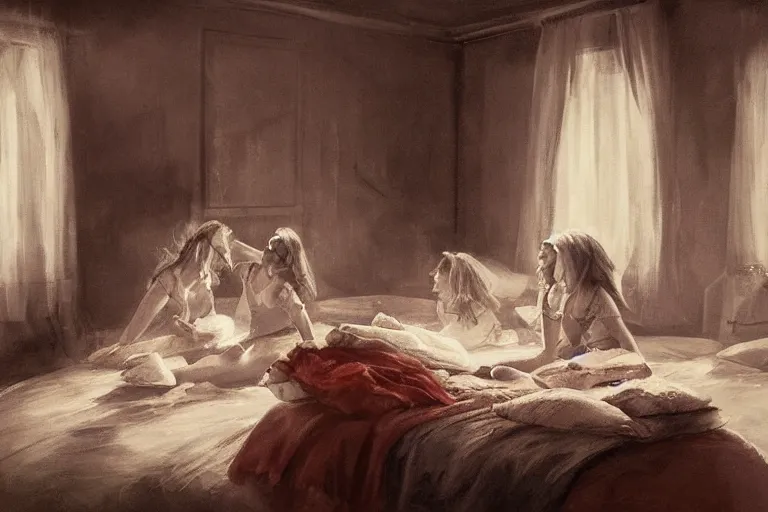 Prompt: pillow fight in the girls dormitory, concept art, by Rudolph Belarski, cinematic