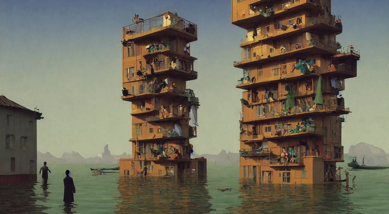 Prompt: single flooded simple human skin tower, very coherent and colorful high contrast!! masterpiece by rene magritte simon stalenhag carl spitzweg syd mead norman rockwell edward hopper james gilleard, minimalist, dark shadows, sunny day, hard lighting