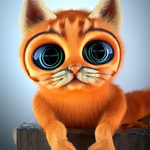 Image similar to orange kitten big eyes a lot of fur cute highly detailed high - quality photo realistic 8 k octane render blender