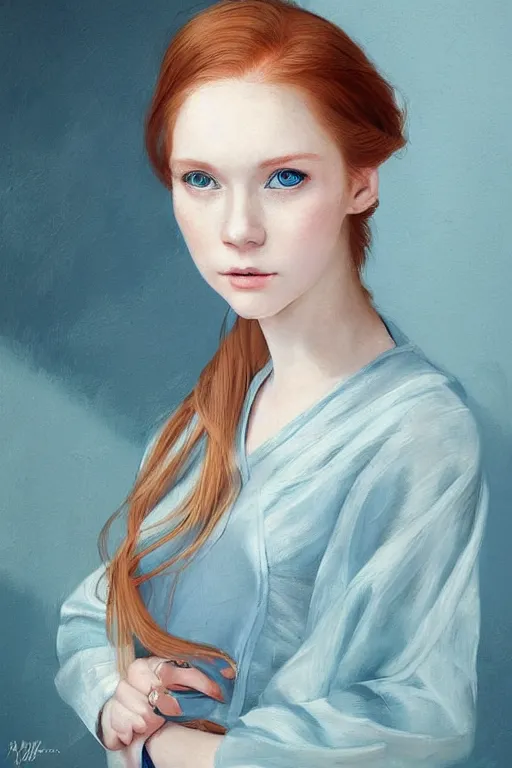 Prompt: a portrait of a young woman with ginger hair and light blue eyes wearing a traditional silk dress with very long sleeves. she looks at the viewer with a curious, witty expression. beautiful painting by artgerm and jia ruan.